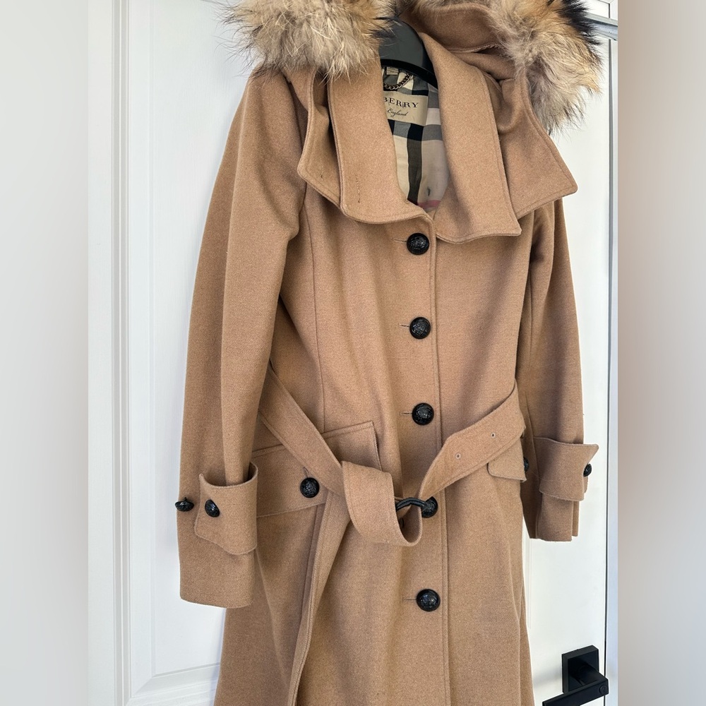 Burberry Women's Camel Trench Coat with Black Buttons